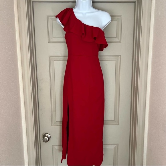 Show Me Your MuMu Florentine red stretch one shoulder ruffle midi dress - Picture 3 of 12